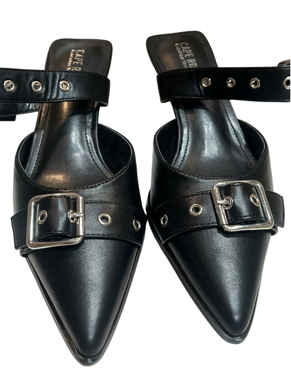 NWOT Black Faux Leather Pointed Toe Mule Heels w/Buckle Strap - Size 8.5